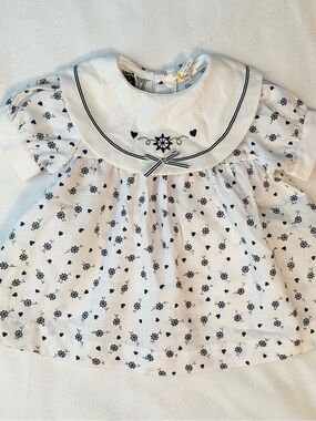 Vintage Mayfair Kids White Nautical Sailor Bib Dress 6-9M Baby Ships Wheel Helm